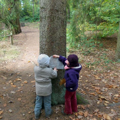Zwei Kinder mit Papier an Baumstamm 